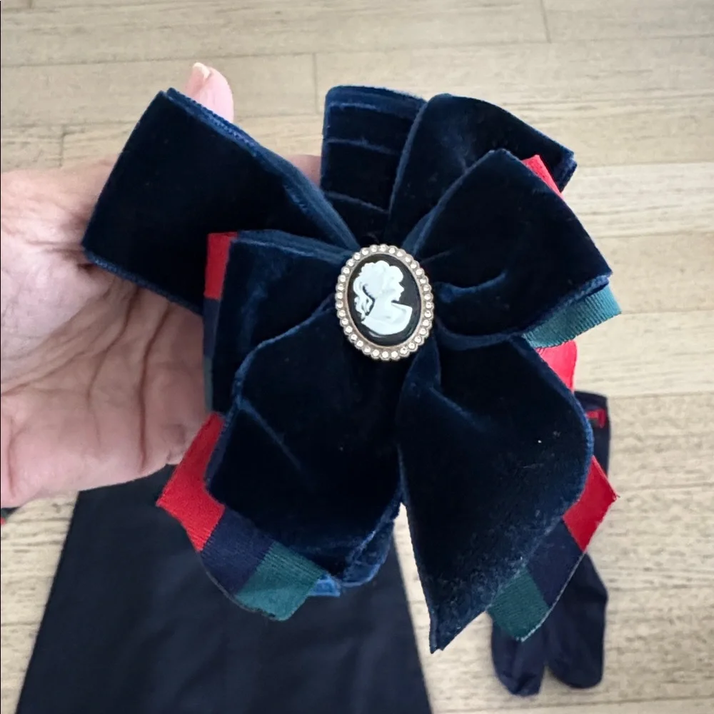 PICCOLA SPERANZA Navy Dress w/bow striped detailing, matching headband/socks 10. - Picture 8 of 13